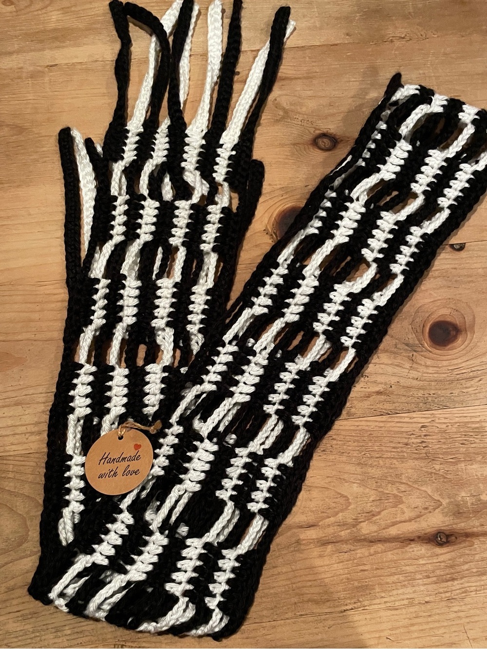Handmade Black White Crochet braided fringe nautical festival hippie scarf OS